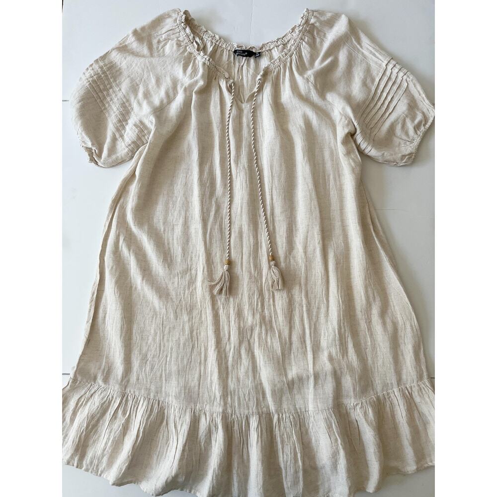 Mile Gabrielle Dress Womens 2X Beige Linen Short Shift Tassel Ruffle Hem Boho